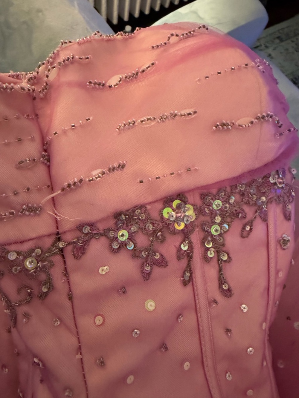 Mori Lee Strapless Pink Tulle Ball Gown with Beaded Bodice - Picture 2 of 9